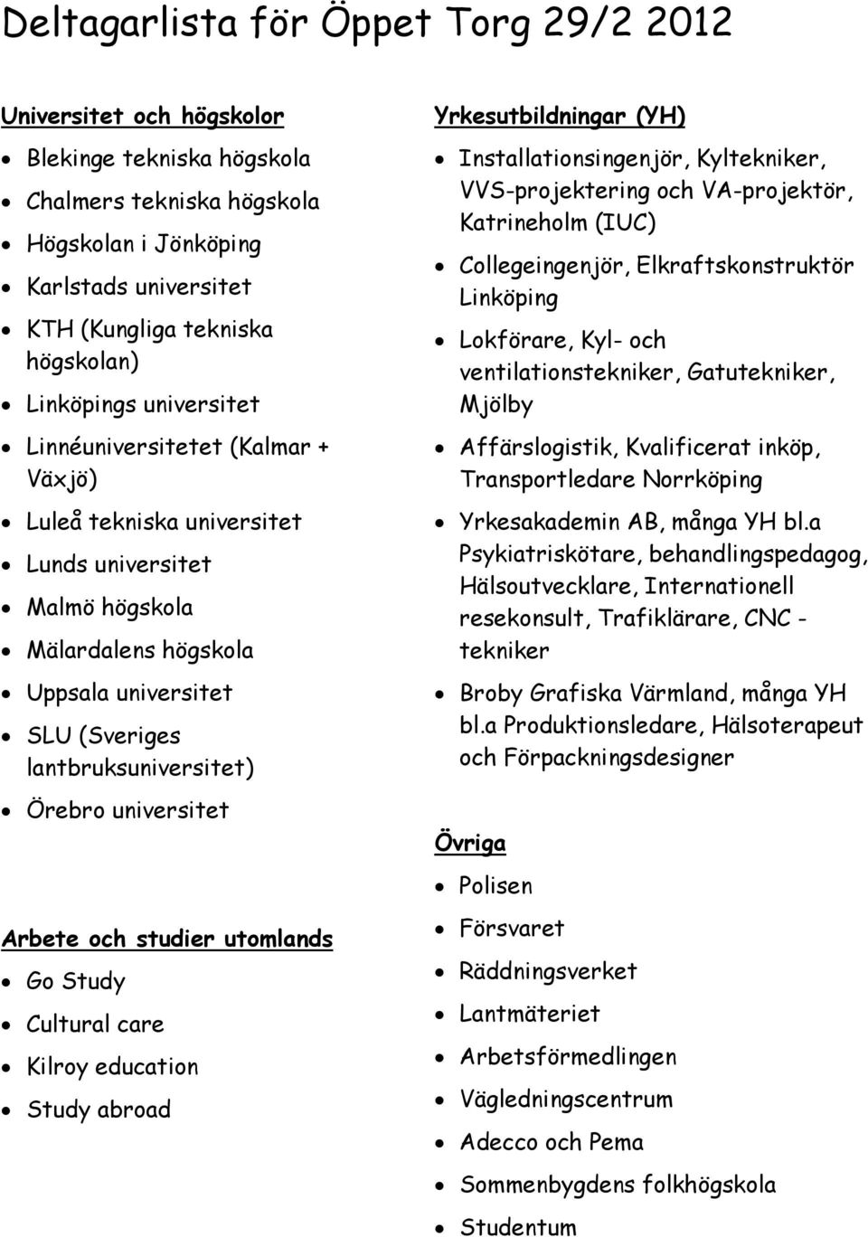 Örebro universitet Arbete och studier utomlands Go Study Cultural care Kilroy education Study abroad Yrkesutbildningar (YH) Installationsingenjör, Kyltekniker, VVS-projektering och VA-projektör,