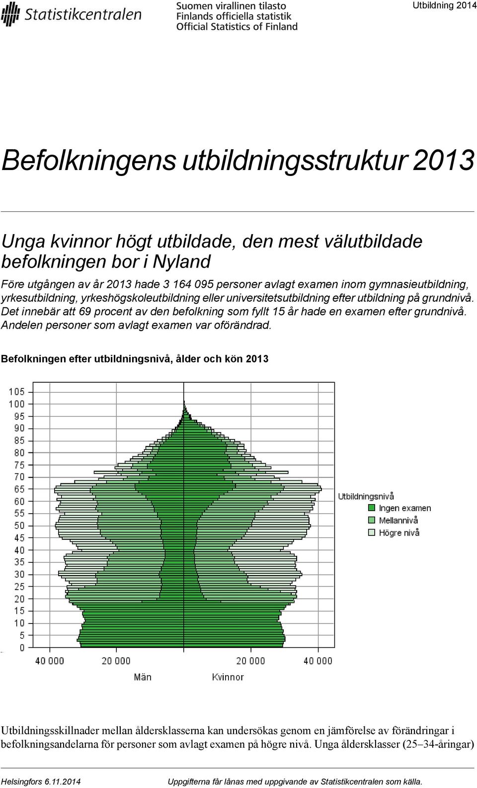 Det innebär att 69 procent av den befolkning som fyllt 15 år hade en examen efter grundnivå. Andelen personer som avlagt examen var oförändrad.