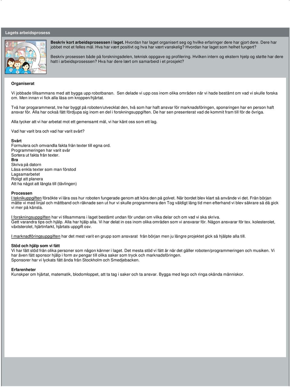 Hvilken intern og ekstern hjelp og støtte har dere hatt i arbeidsprosessen? Hva har dere lært om samarbeid i et prosjekt? Organiserat Vi jobbade tillsammans med att bygga upp robotbanan.