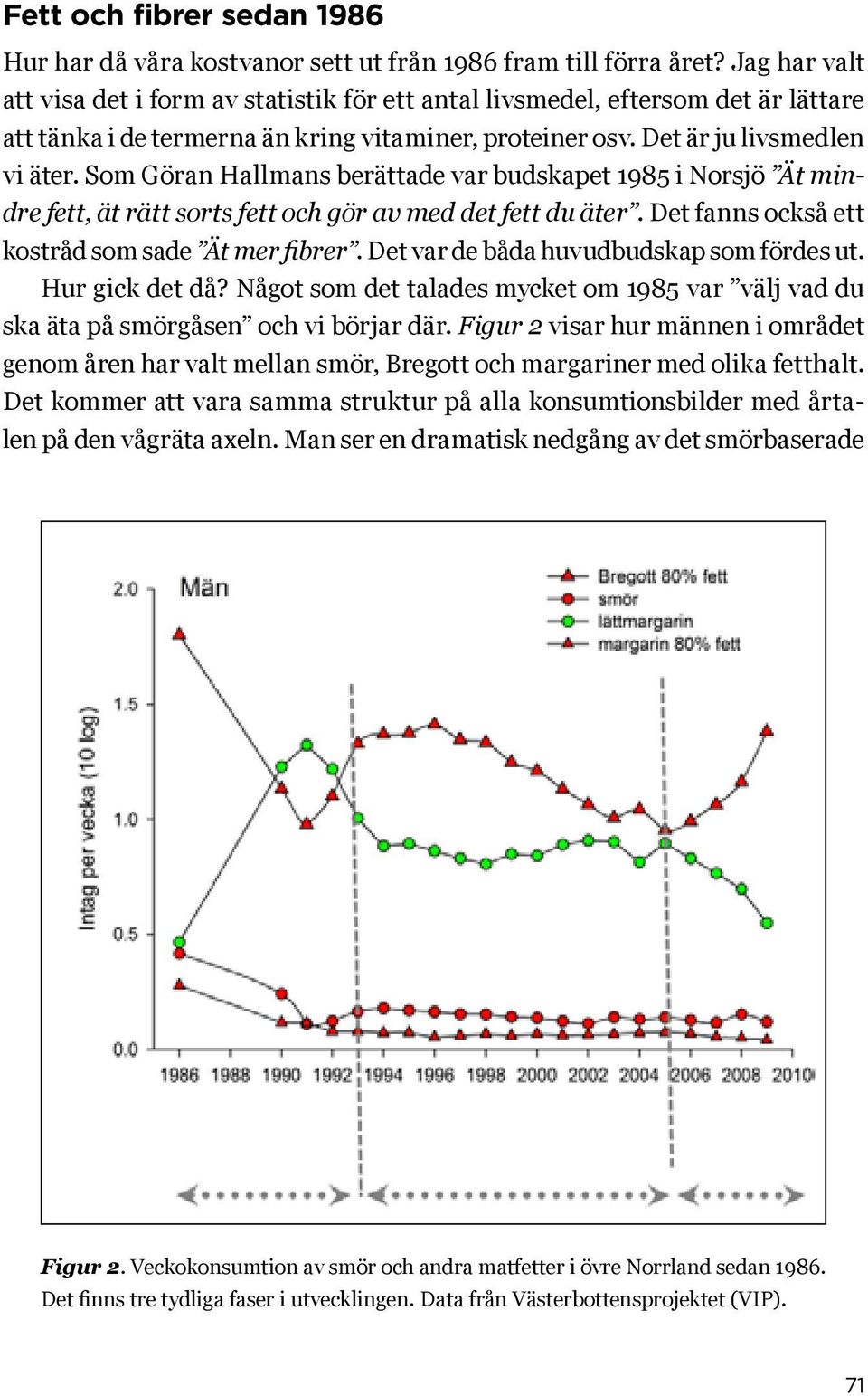 Som Göran Hallmans berättade var budskapet 1985 i Norsjö Ät mindre fett, ät rätt sorts fett och gör av med det fett du äter. Det fanns också ett kostråd som sade Ät mer fibrer.