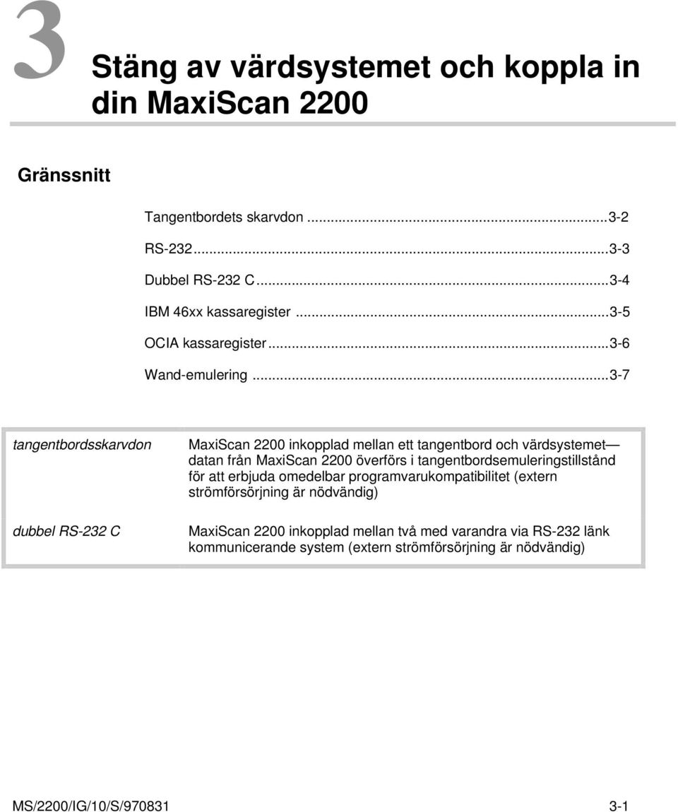 ..3-7 tangentbordsskarvdon dubbel RS-232 C MaxiScan 2200 inkopplad mellan ett tangentbord och värdsystemet datan från MaxiScan 2200 överförs i