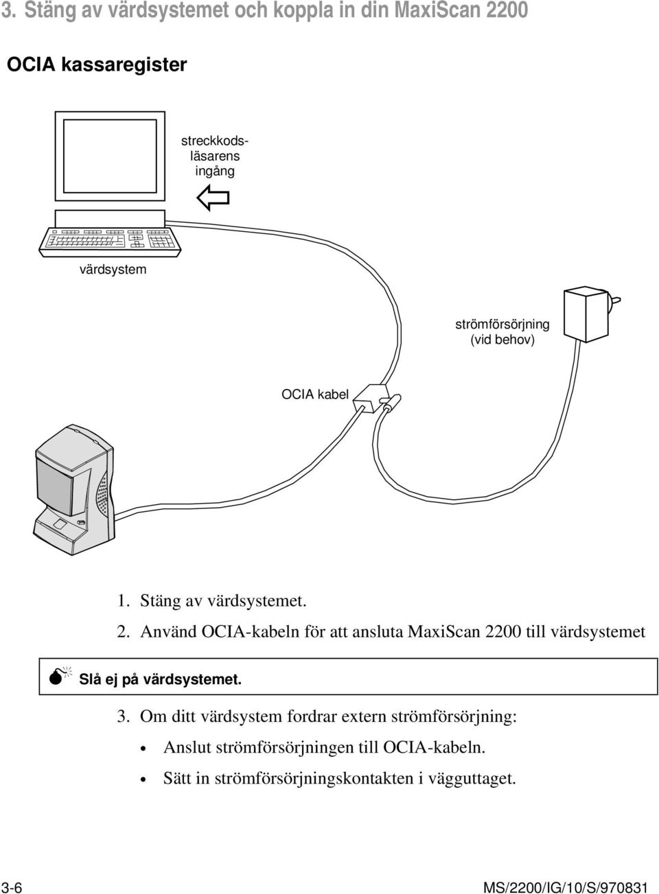 Använd OCIA-kabeln för att ansluta MaxiScan 2200 till värdsystemet Slå ej på värdsystemet. 3.