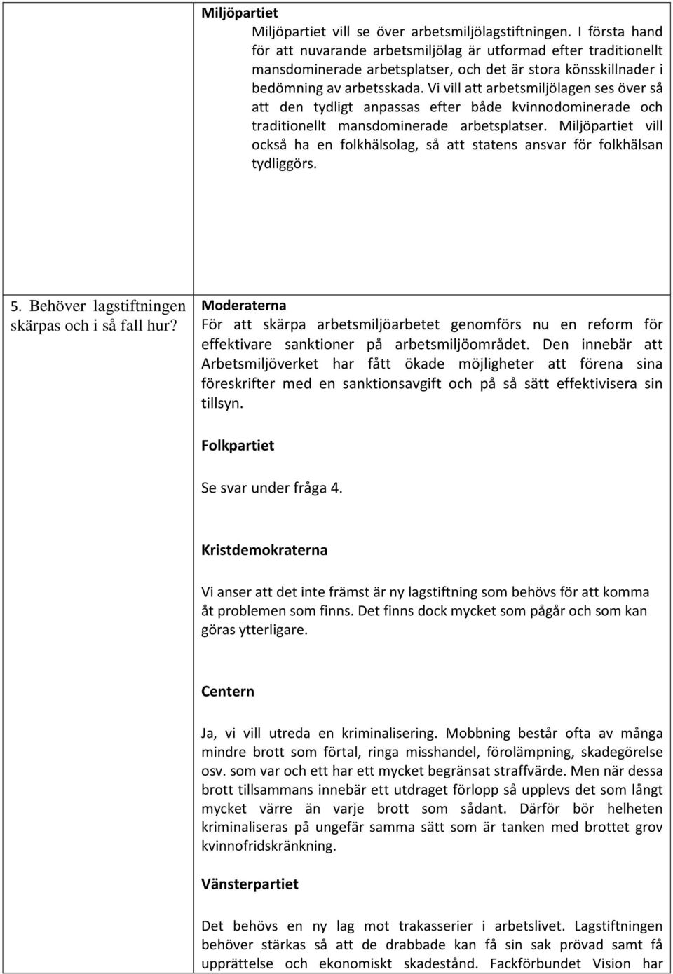 Vi vill att arbetsmiljölagen ses över så att den tydligt anpassas efter både kvinnodominerade och traditionellt mansdominerade arbetsplatser.