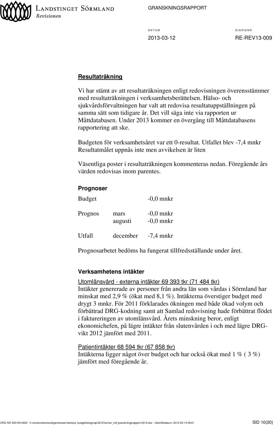 Under 2013 kommer en övergång till Måttdatabasens rapportering att ske. Budgeten för verksamhetsåret var ett 0-resultat.