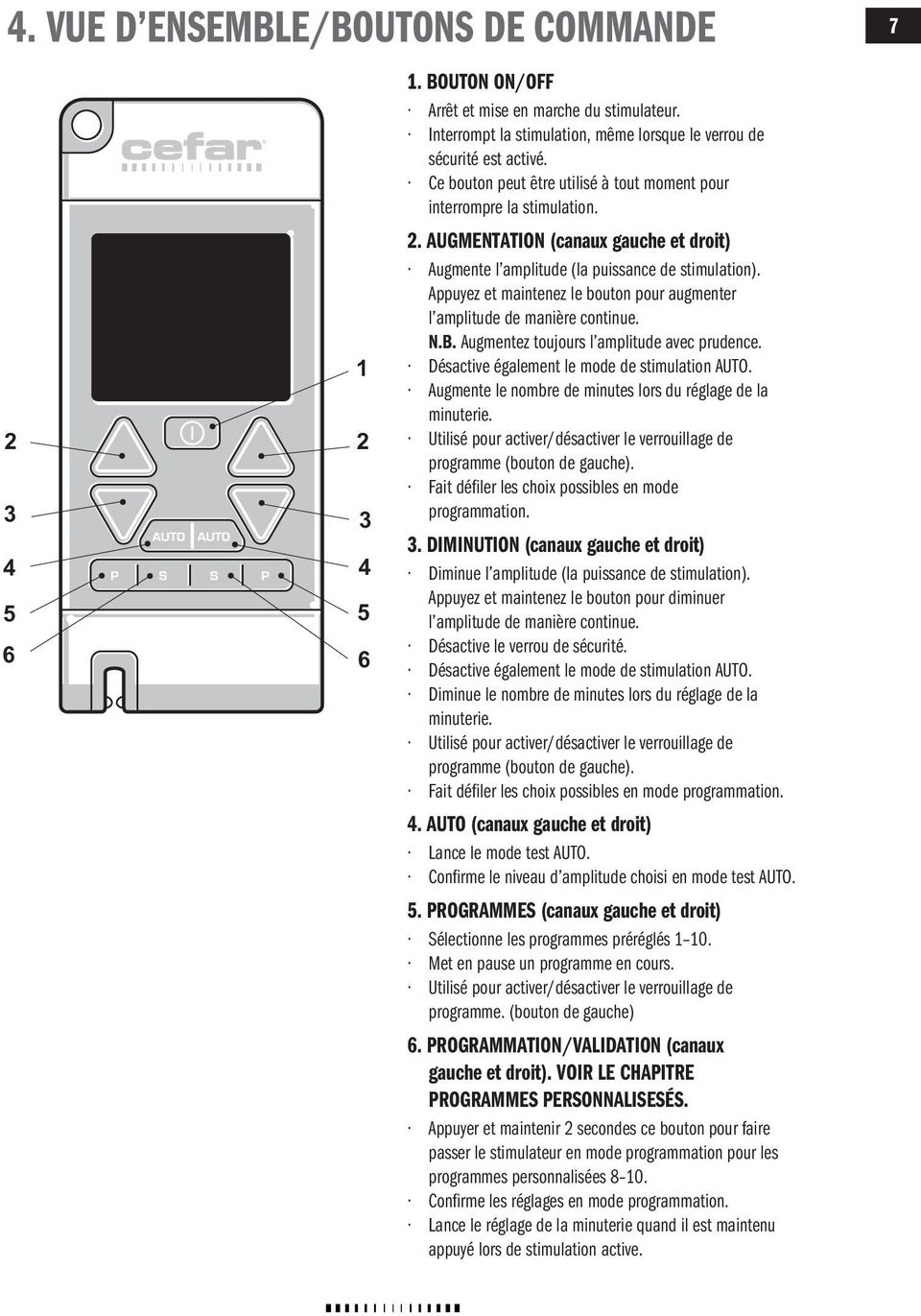 Appuyez et maintenez le bouton pour augmenter l amplitude de manière continue. N.B. Augmentez toujours l amplitude avec prudence. Désactive également le mode de stimulation.