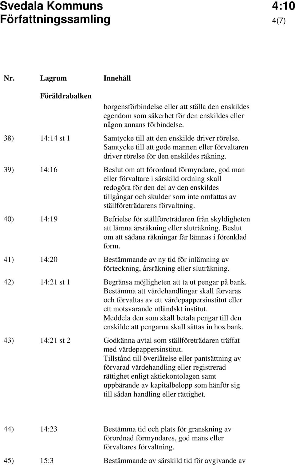 39) 14:16 Beslut om att förordnad förmyndare, god man eller förvaltare i särskild ordning skall redogöra för den del av den enskildes tillgångar och skulder som inte omfattas av ställföreträdarens