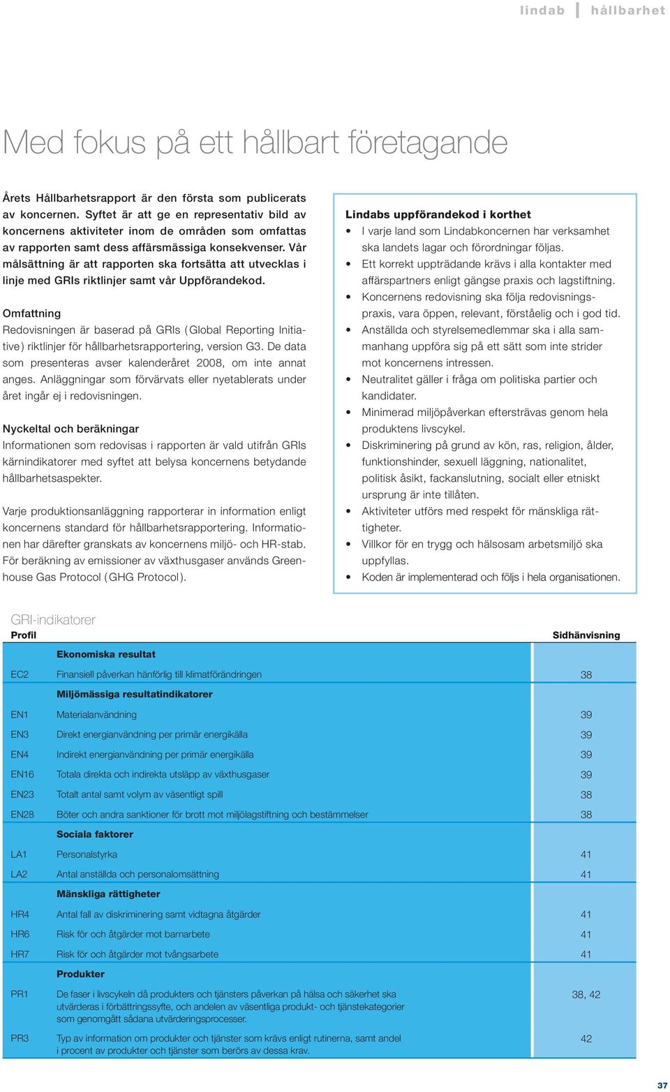 Vår målsättning är att rapporten ska fortsätta att utvecklas i linje med GRIs riktlinjer samt vår Uppförandekod.