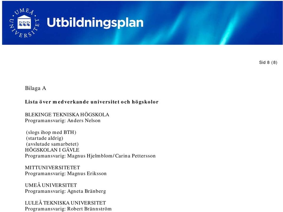 GÄVLE Programansvarig: Magnus Hjelmblom/Carina Pettersson MITTUNIVERSITETET Programansvarig: Magnus