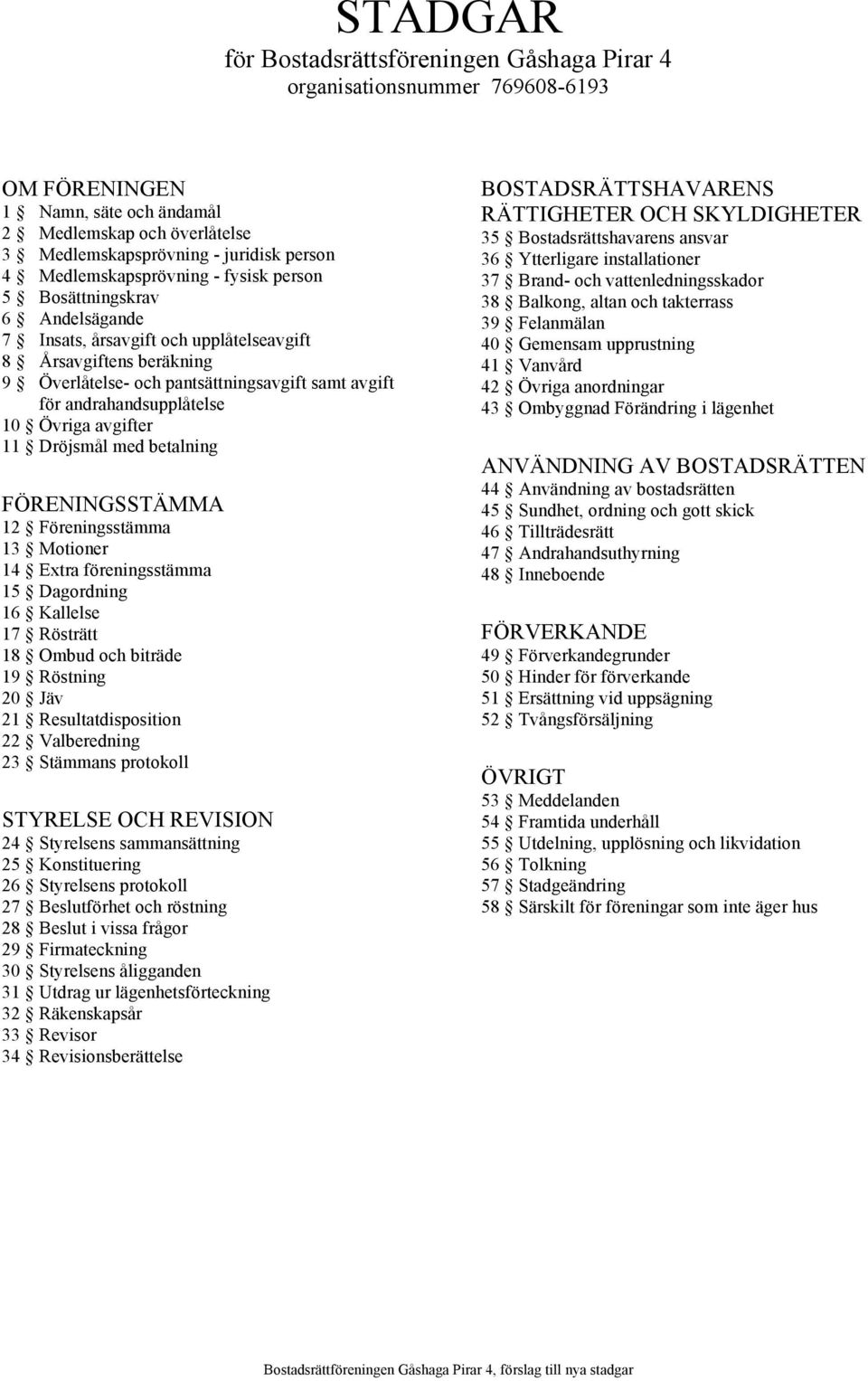 andrahandsupplåtelse 10 Övriga avgifter 11 Dröjsmål med betalning FÖRENINGSSTÄMMA 12 Föreningsstämma 13 Motioner 14 Extra föreningsstämma 15 Dagordning 16 Kallelse 17 Rösträtt 18 Ombud och biträde 19