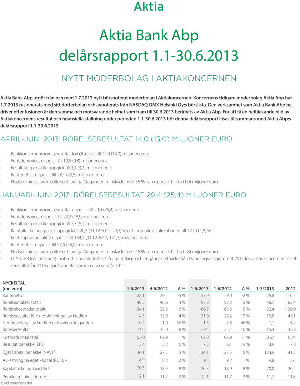 Den verksamhet som Aktia Bank Abp bedriver efter fusionen är den samma och motsvarande helhet som fram till 30.6.2013 bedrivits av Aktia Abp.