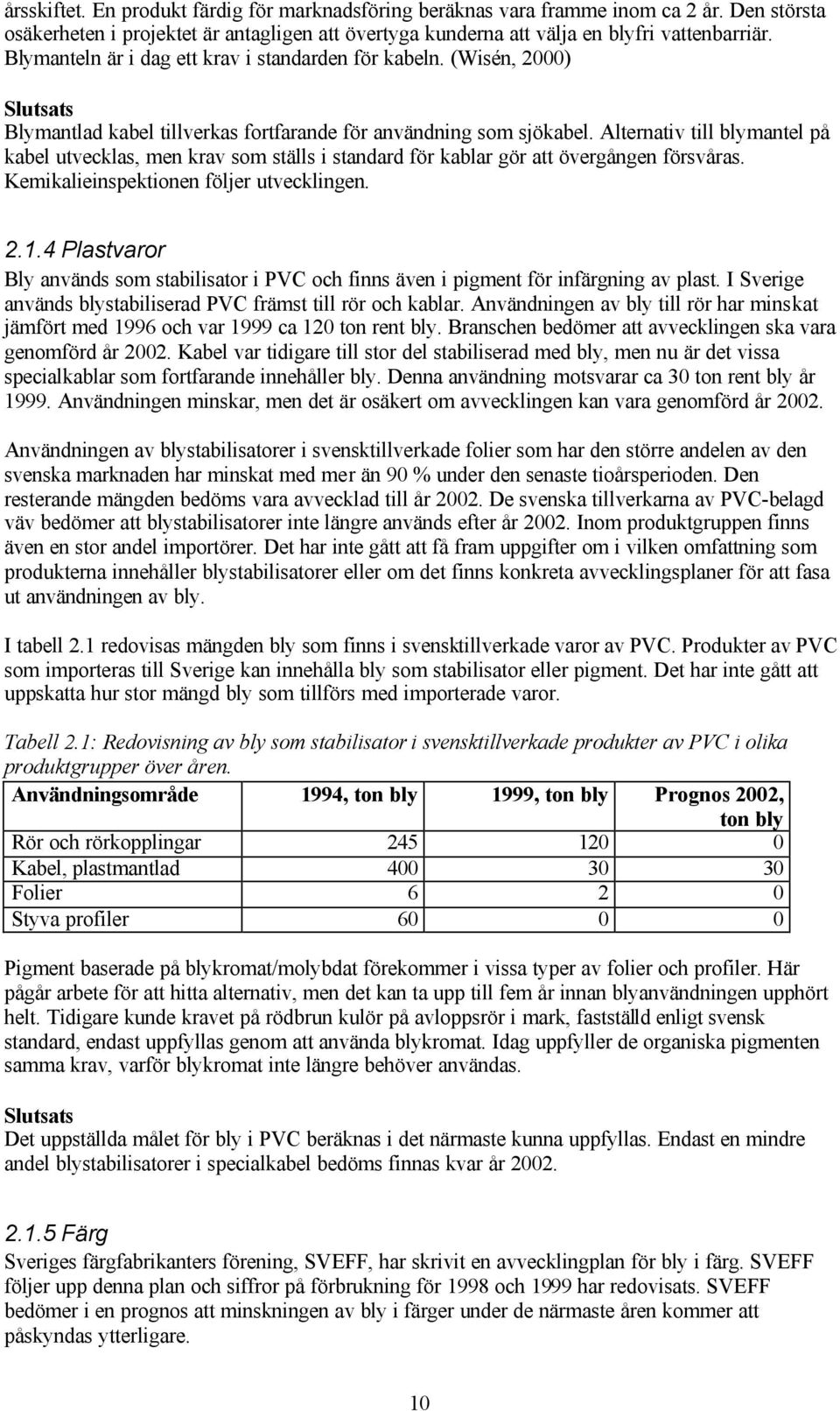 Alternativ till blymantel på kabel utvecklas, men krav som ställs i standard för kablar gör att övergången försvåras. Kemikalieinspektionen följer utvecklingen. 2.1.