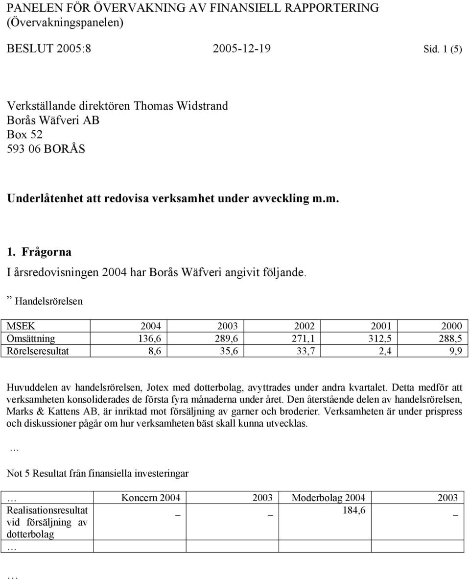 Frågorna I årsredovisningen 2004 har Borås Wäfveri angivit följande.