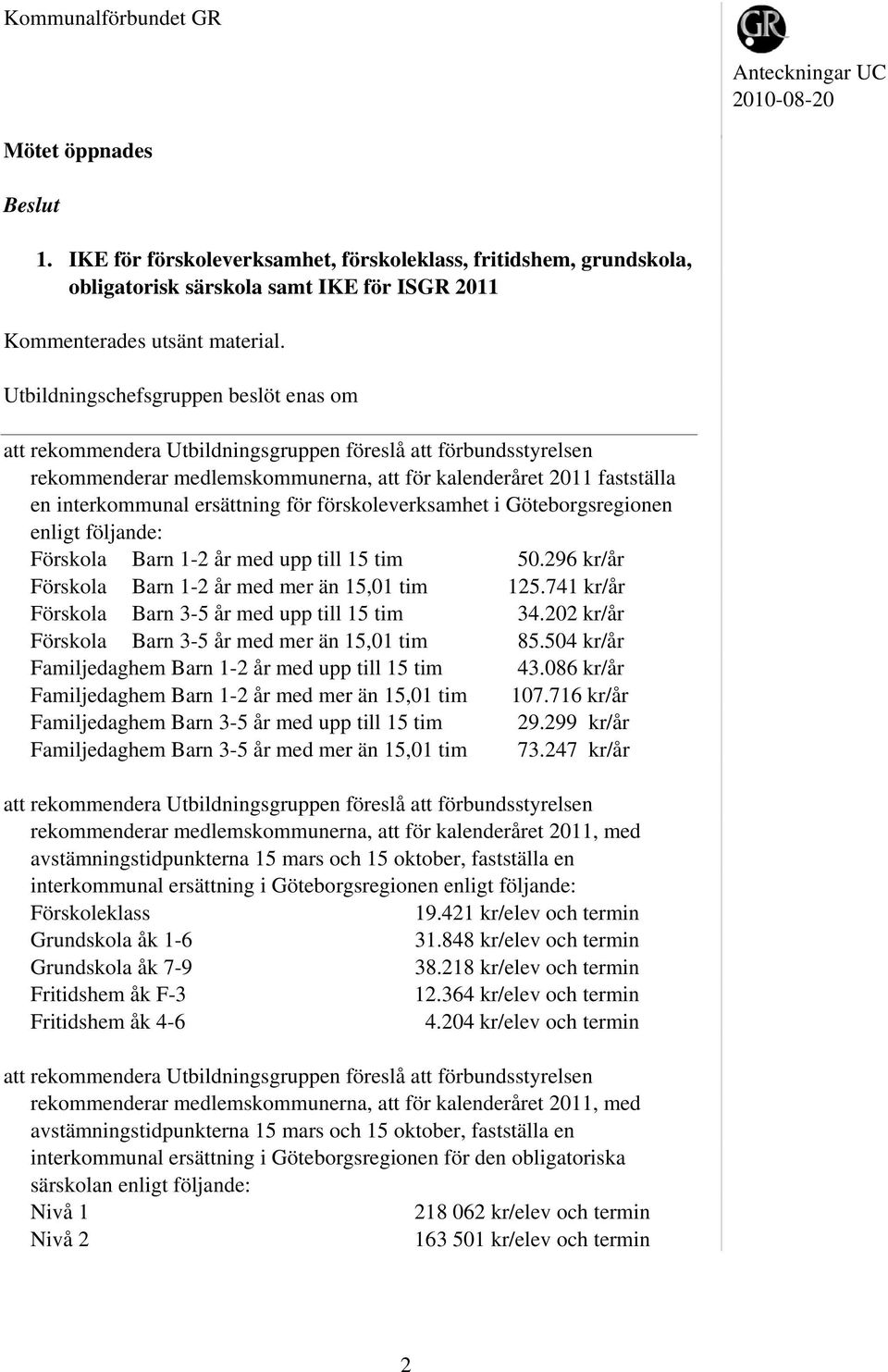 Förskola Barn 1-2 år med upp till 15 tim 50.296 kr/år Förskola Barn 1-2 år med mer än 15,01 tim 125.741 kr/år Förskola Barn 3-5 år med upp till 15 tim 34.