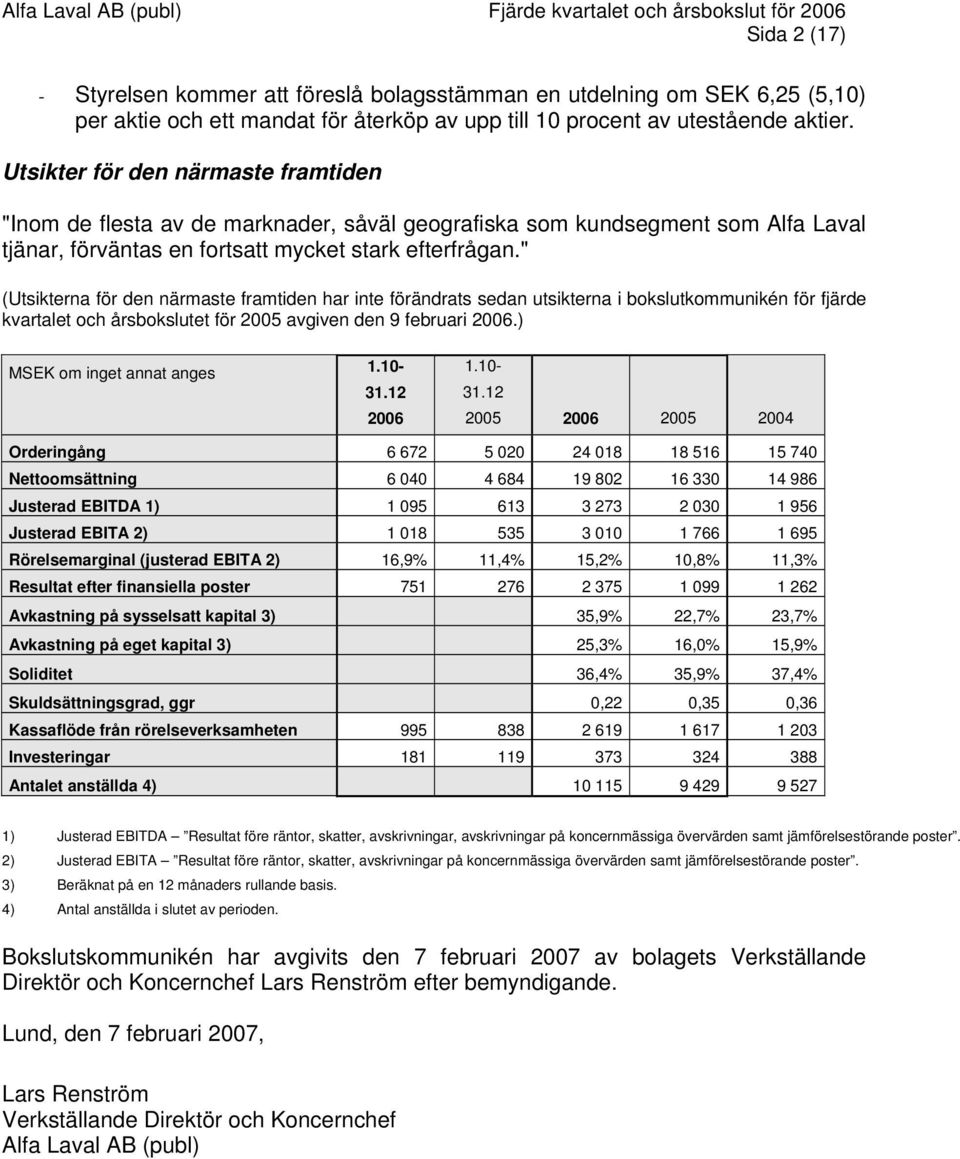 " (Utsikterna för den närmaste framtiden har inte förändrats sedan utsikterna i bokslutkommunikén för fjärde kvartalet och årsbokslutet för 2005 avgiven den 9 februari 2006.