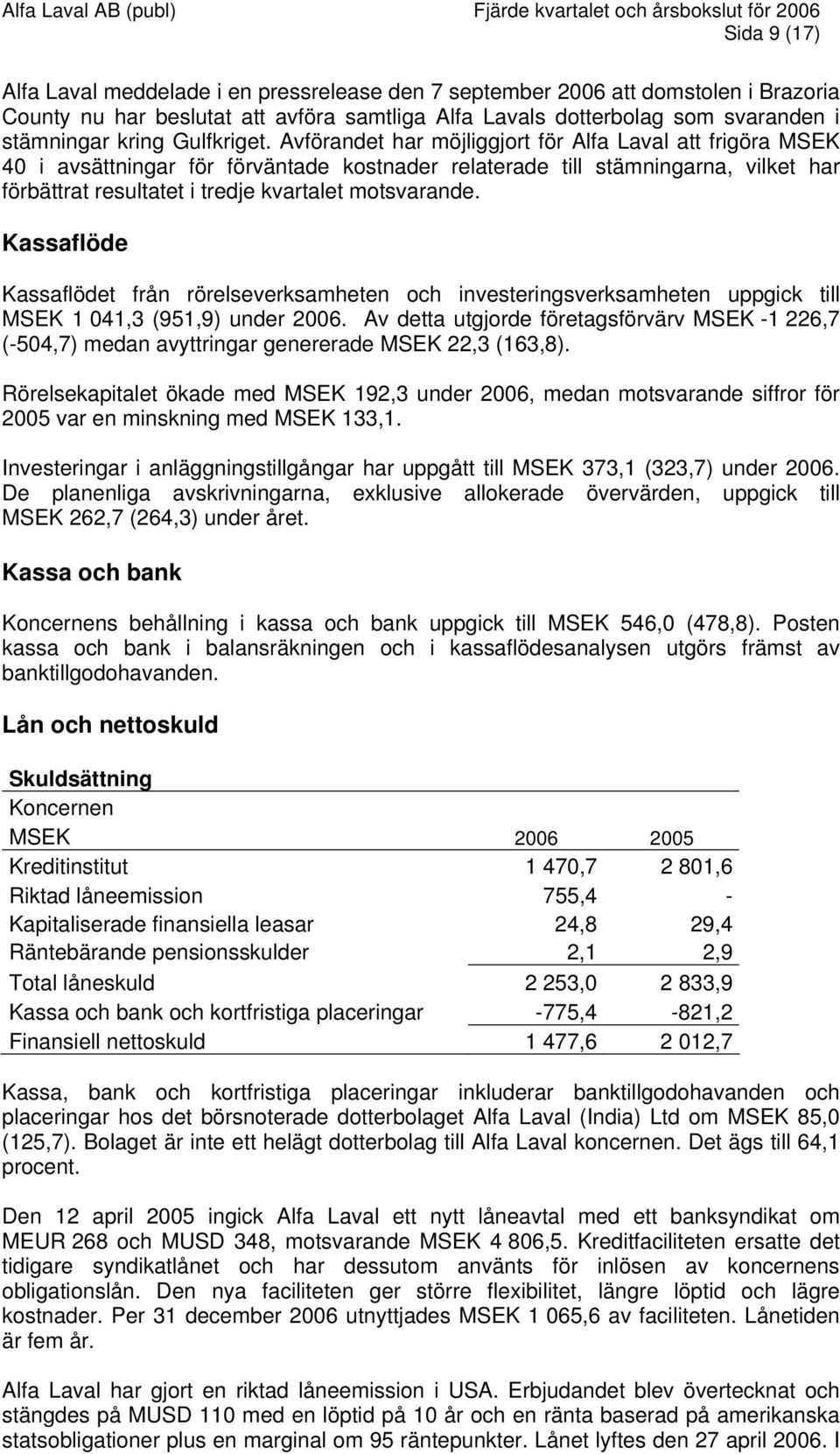 Avförandet har möjliggjort för Alfa Laval att frigöra MSEK 40 i avsättningar för förväntade kostnader relaterade till stämningarna, vilket har förbättrat resultatet i tredje kvartalet motsvarande.