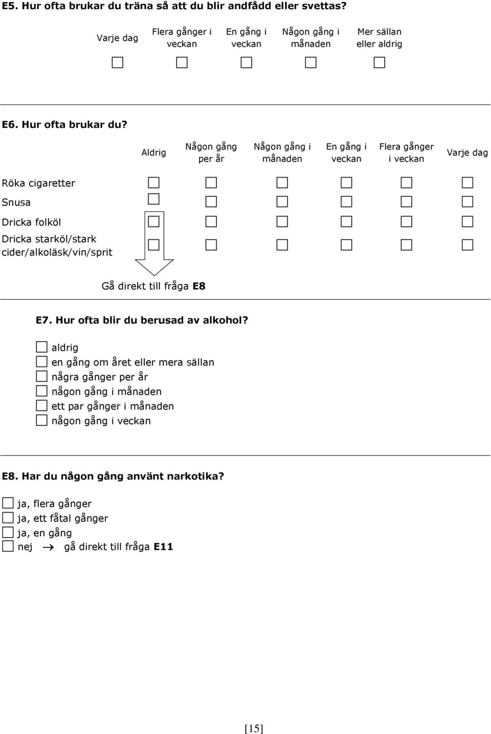 Aldrig Någon gång per år Någon gång i månaden En gång i veckan Flera gånger i veckan Varje dag Röka cigaretter Snusa Dricka folköl Dricka starköl/stark