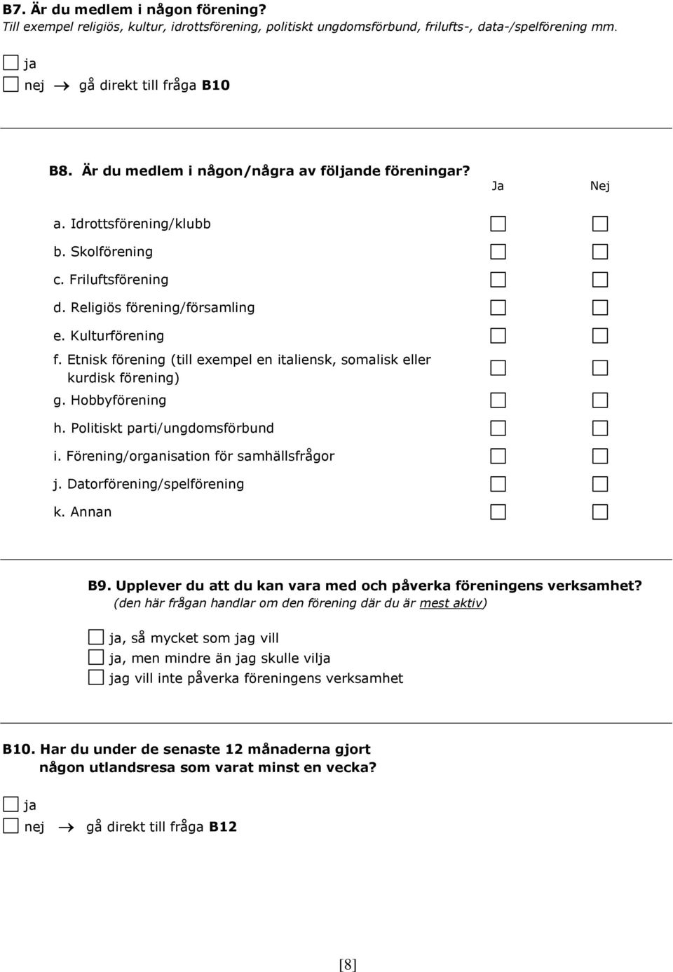 Etnisk förening (till exempel en italiensk, somalisk eller kurdisk förening) g. Hobbyförening h. Politiskt parti/ungdomsförbund i. Förening/organisation för samhällsfrågor j.