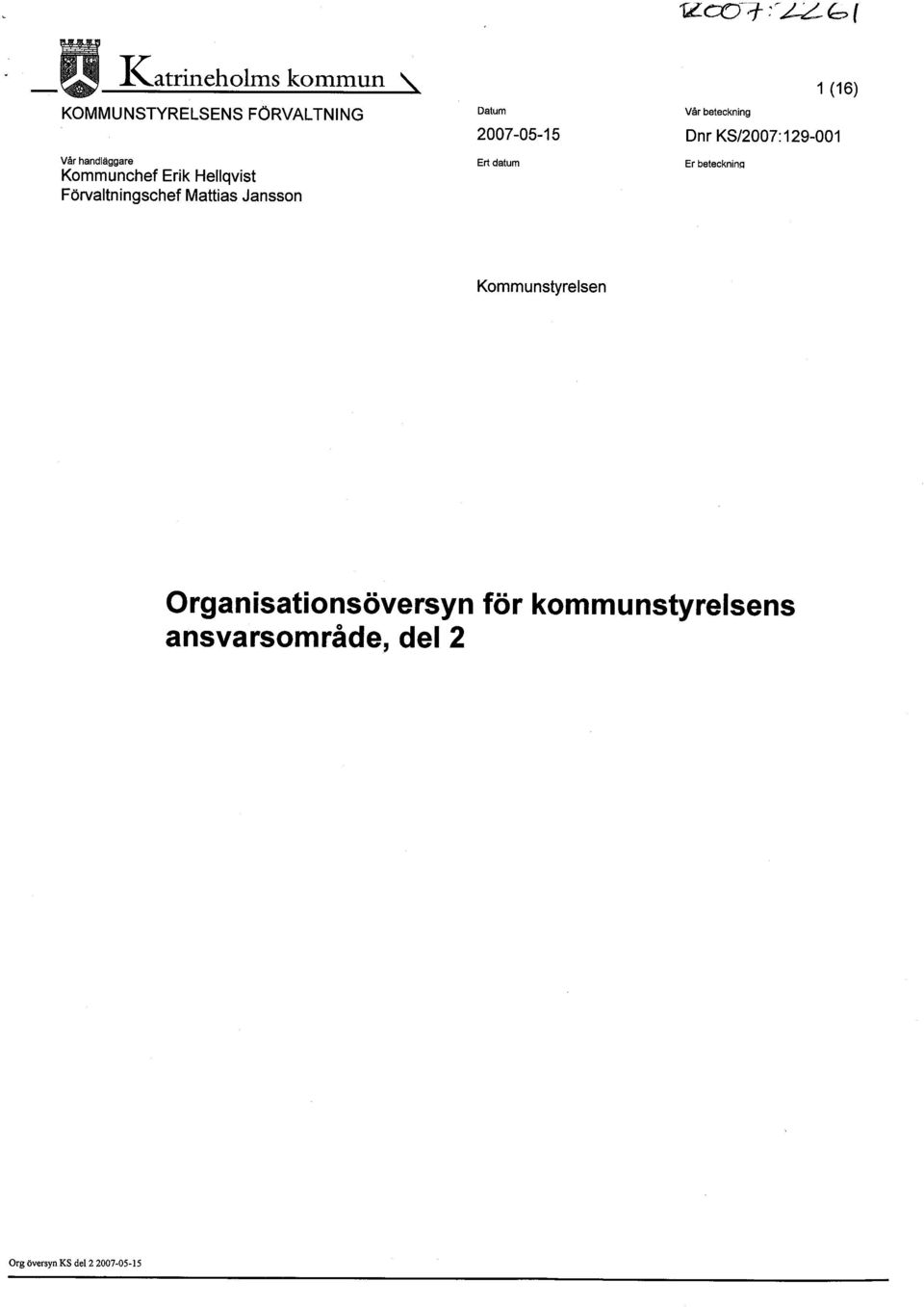 129-001 Vår handläggare Kommunchef Erik Hellqvist Förvaltningschef Mattias Jansson