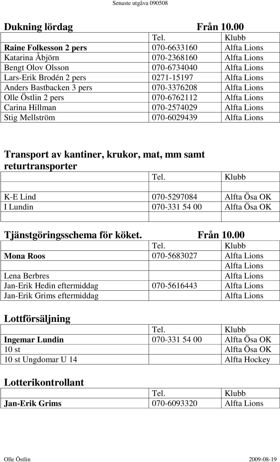 070-3376208 Olle Östlin 2 pers 070-6762112 Carina Hillman 070-2574029 Stig Mellström 070-6029439 Transport av kantiner, krukor, mat, mm samt returtransporter K-E