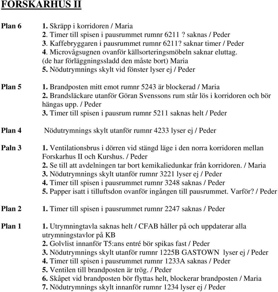 Brandposten mitt emot rumnr 5243 är blockerad / Maria 2. Brandsläckare utanför Göran Svenssons rum står lös i korridoren och bör hängas upp. / Peder 3.