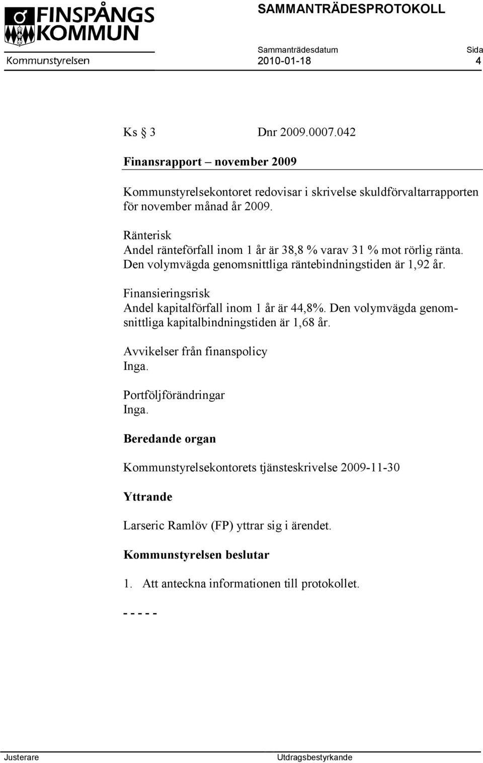 Finansieringsrisk Andel kapitalförfall inom 1 år är 44,8%. Den volymvägda genomsnittliga kapitalbindningstiden är 1,68 år. Avvikelser från finanspolicy Inga.