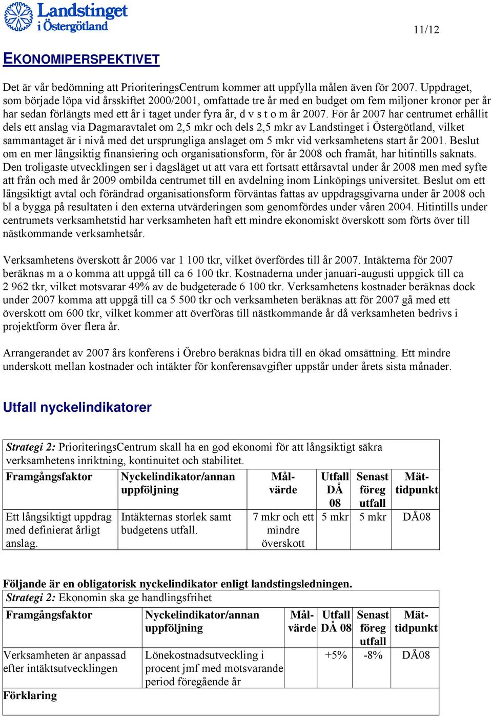 För år 2007 har centrumet erhållit dels ett anslag via Dagmaravtalet om 2,5 mkr och dels 2,5 mkr av Landstinget i Östergötland, vilket sammantaget är i nivå med det ursprungliga anslaget om 5 mkr vid