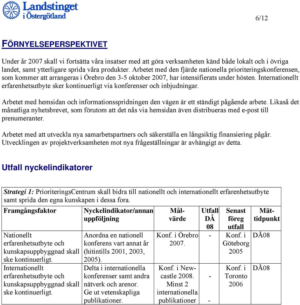 Internationellt erfarenhetsutbyte sker kontinuerligt via konferenser och inbjudningar. Arbetet med hemsidan och informationsspridningen den vägen är ett ständigt pågående arbete.