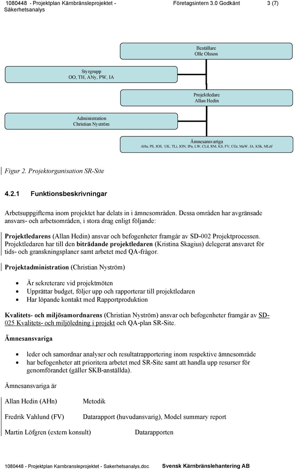 CGr, MaW, JA, KSk, MLöf Figur 2. Projektorganisation SR-Site 4.2.1 Funktionsbeskrivningar Arbetsuppgifterna inom projektet har delats in i ämnesområden.