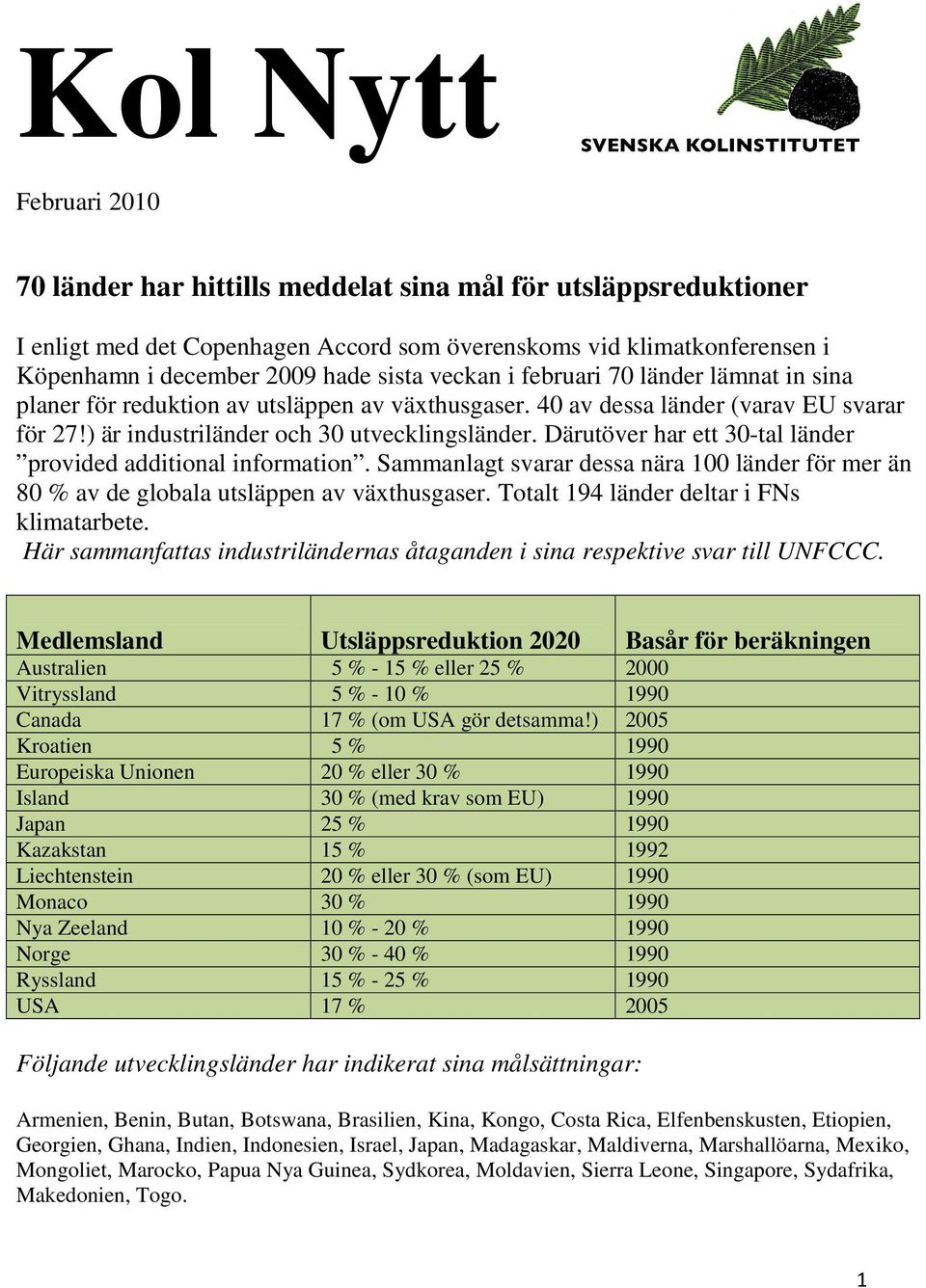 Därutöver har ett 30-tal länder provided additional information. Sammanlagt svarar dessa nära 100 länder för mer än 80 % av de globala utsläppen av växthusgaser.