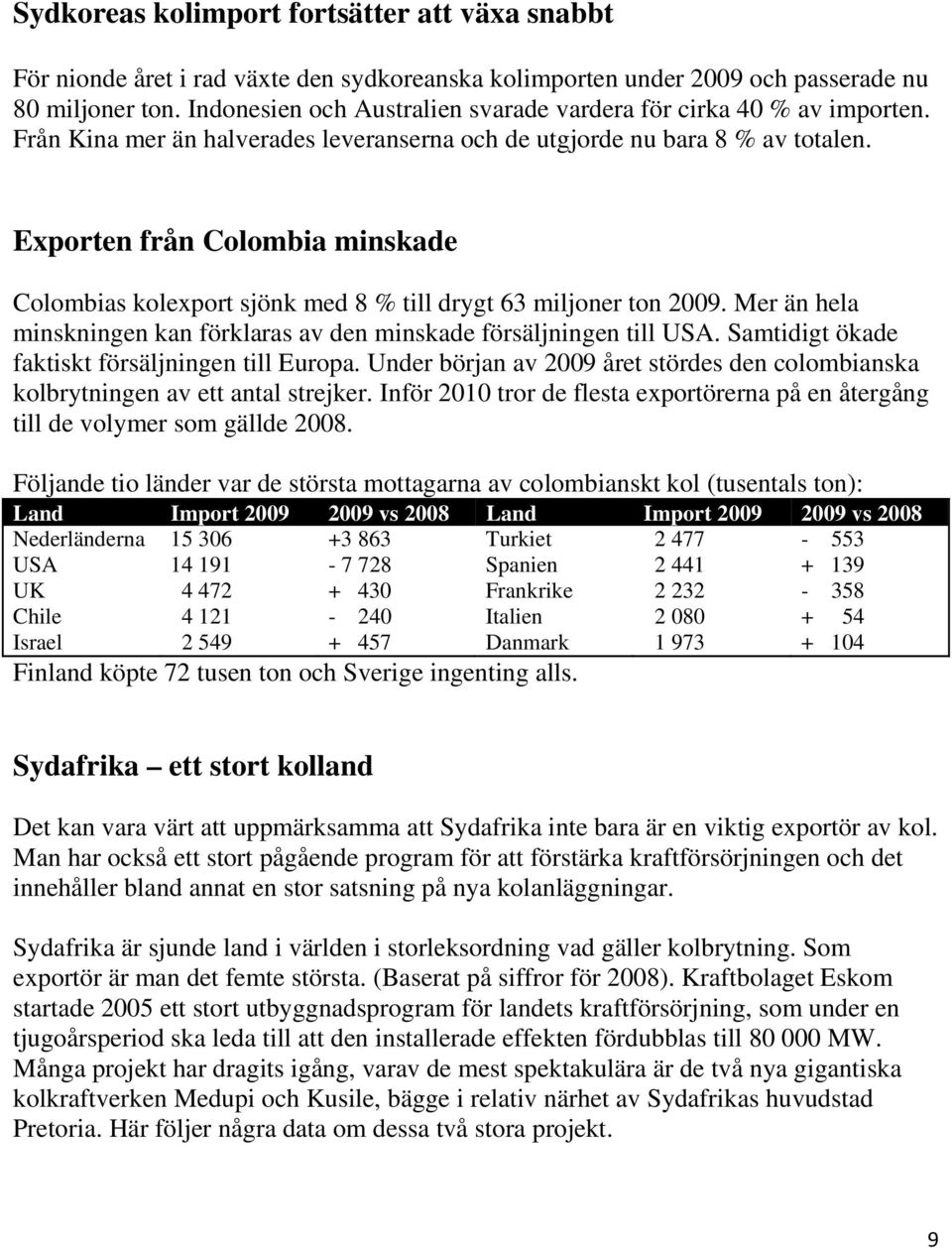 Exporten från Colombia minskade Colombias kolexport sjönk med 8 % till drygt 63 miljoner ton 2009. Mer än hela minskningen kan förklaras av den minskade försäljningen till USA.