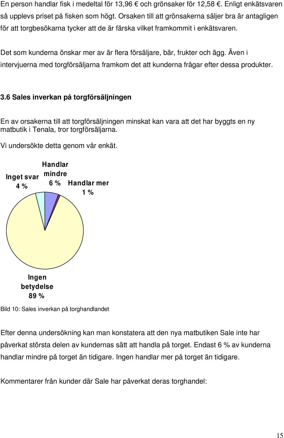 Det som kunderna önskar mer av är flera försäljare, bär, frukter och ägg. Även i intervjuerna med torgförsäljarna framkom det att kunderna frågar efter dessa produkter. 3.