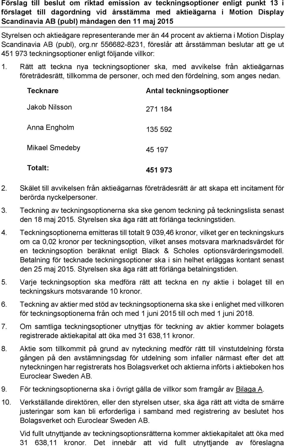 nr 556682-8231, föreslår att årsstämman beslutar att ge ut 451 973 teckningsoptioner enligt följande villkor: 1.