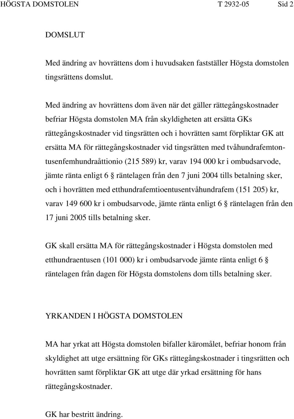 GK att ersätta MA för rättegångskostnader vid tingsrätten med tvåhundrafemtontusenfemhundraåttionio (215 589) kr, varav 194 000 kr i ombudsarvode, jämte ränta enligt 6 räntelagen från den 7 juni 2004