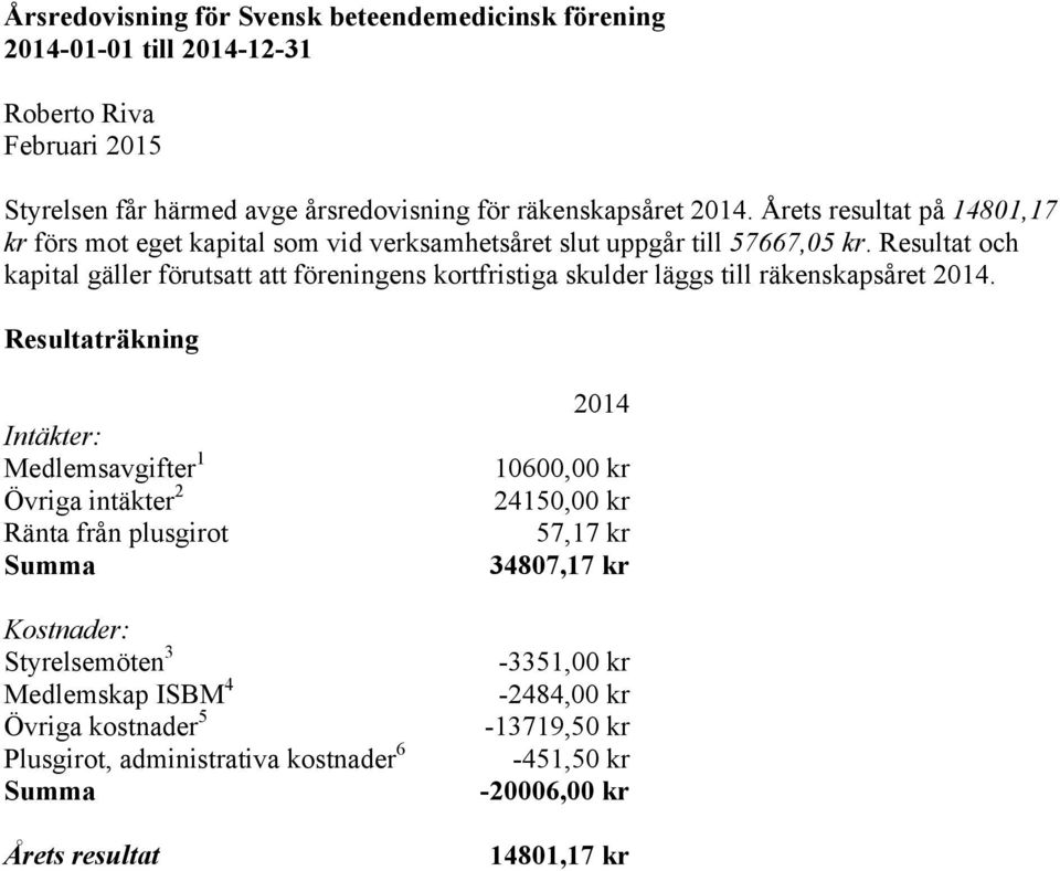 Resultat och kapital gäller förutsatt att föreningens kortfristiga skulder läggs till räkenskapsåret 2014.