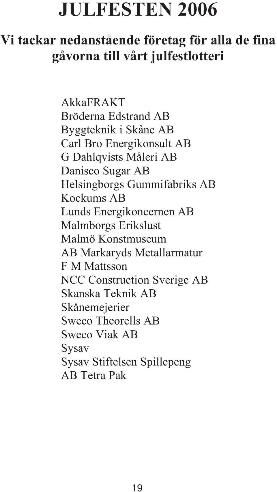 Kockums AB Lunds Energikoncernen AB Malmborgs Erikslust Malmö Konstmuseum AB Markaryds Metallarmatur F M Mattsson NCC