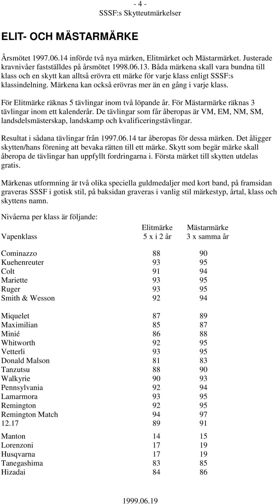 För Elitmärke räknas 5 tävlingar inom två löpande år. För Mästarmärke räknas 3 tävlingar inom ett kalenderår.