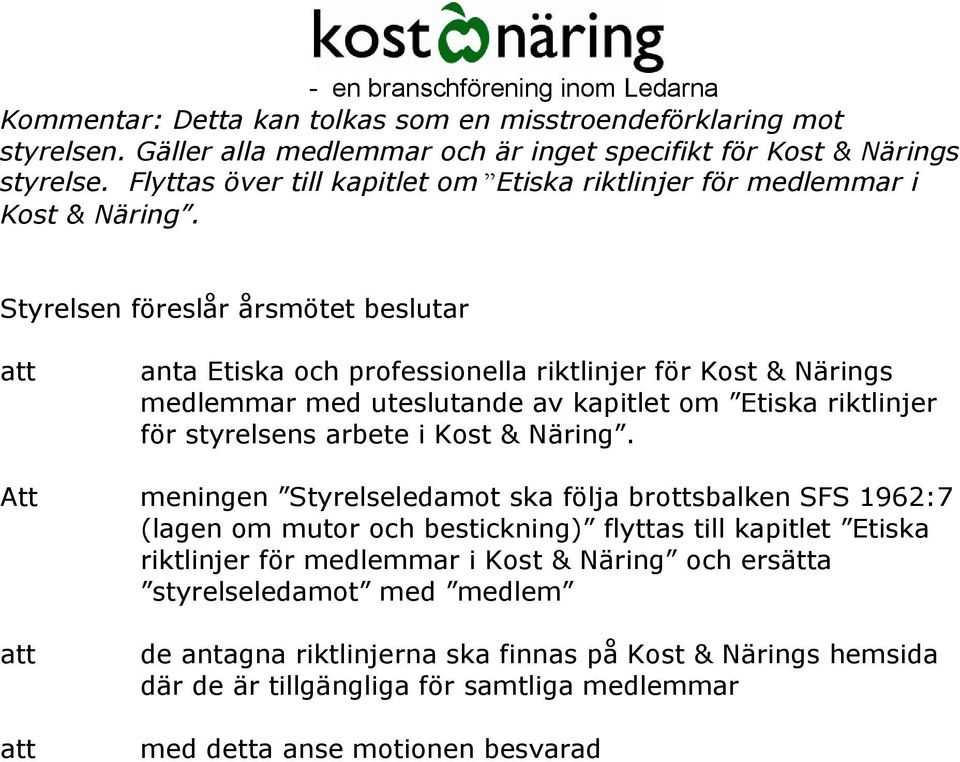 Styrelsen föreslår årsmötet beslutar anta Etiska och professionella riktlinjer för Kost & Närings medlemmar med uteslutande av kapitlet om Etiska riktlinjer för styrelsens arbete i Kost &