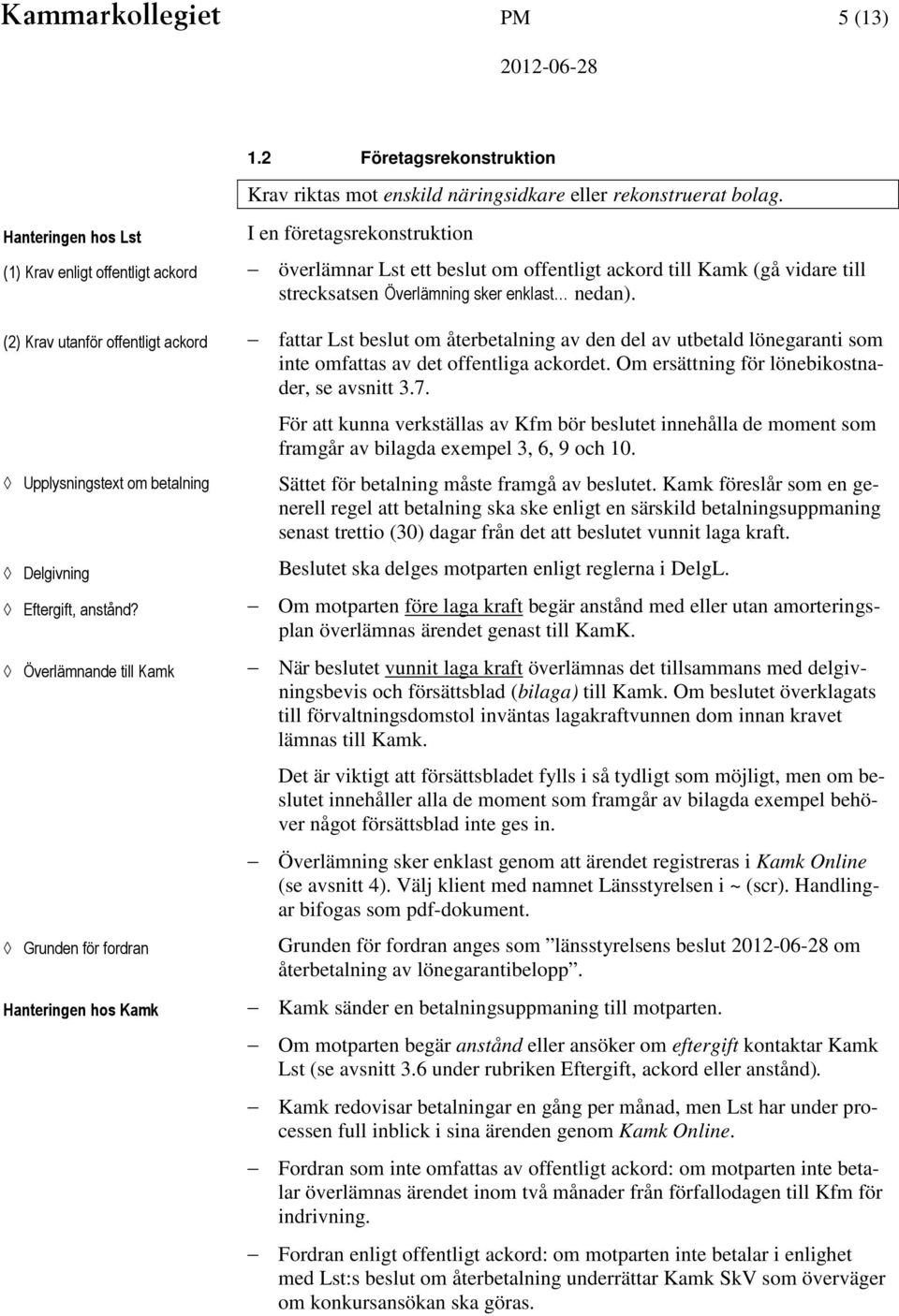 Överlämnande till Kamk Grunden för fordran Hanteringen hos Kamk I en företagsrekonstruktion överlämnar Lst ett beslut om offentligt ackord till Kamk (gå vidare till strecksatsen Överlämning sker