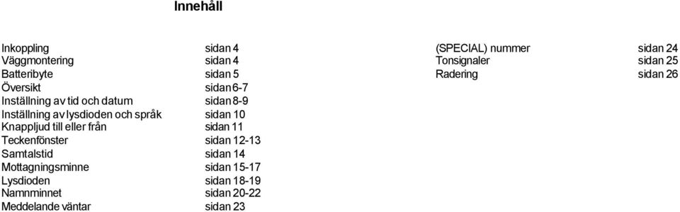 Teckenfönster sidan 12-13 Samtalstid sidan 14 Mottagningsminne sidan 15-17 Lysdioden sidan 18-19