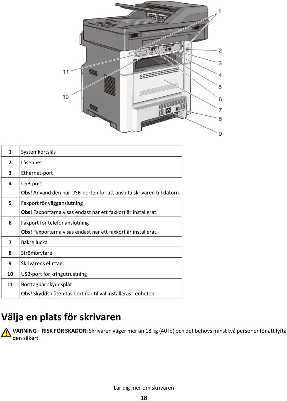 7 Bakre lucka 8 Strömbrytare 9 Skrivarens eluttag. 10 USB-port för kringutrustning 11 Borttagbar skyddsplåt Obs!