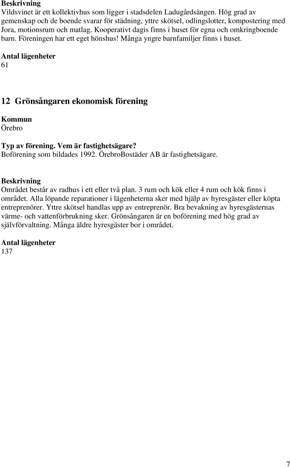 Föreningen har ett eget hönshus! Många yngre barnfamiljer finns i huset. 61 12 Grönsångaren ekonomisk förening Örebro Boförening som bildades 1992. ÖrebroBostäder AB är fastighetsägare.