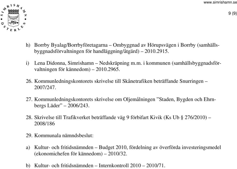 Kommunledningskontorets skrivelse om Oljemålningen Staden, Bygden och Ehrnbergs Läder 2006/243. 28.