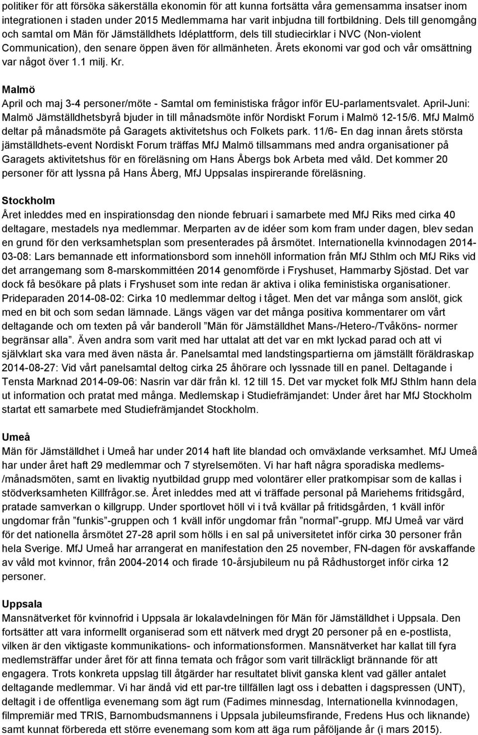 Årets ekonomi var god och vår omsättning var något över 1.1 milj. Kr. Malmö April och maj 3-4 personer/möte - Samtal om feministiska frågor inför EU-parlamentsvalet.