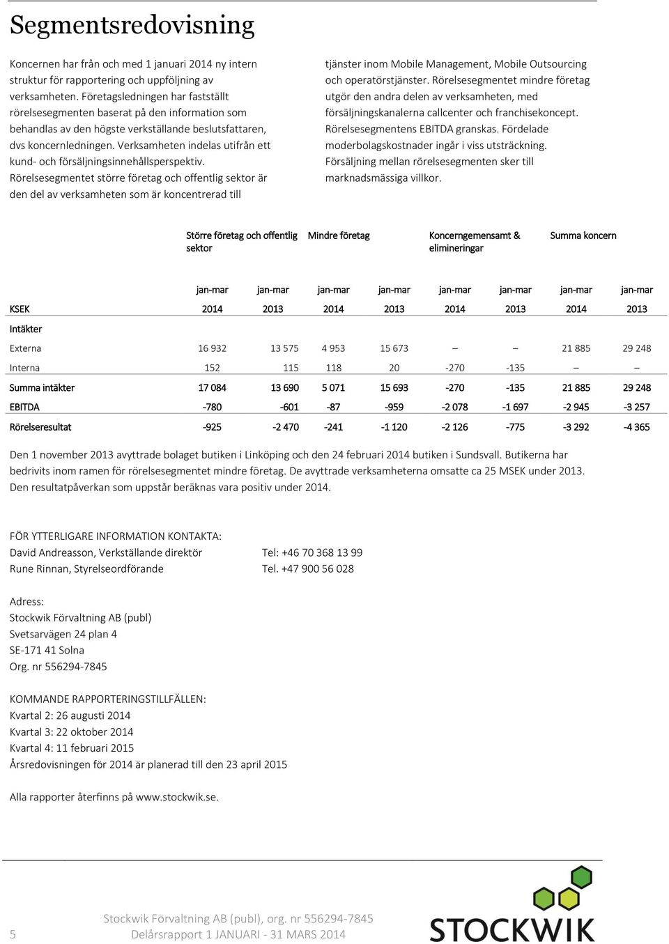 Verksamheten indelas utifrån ett kund- och försäljningsinnehållsperspektiv.