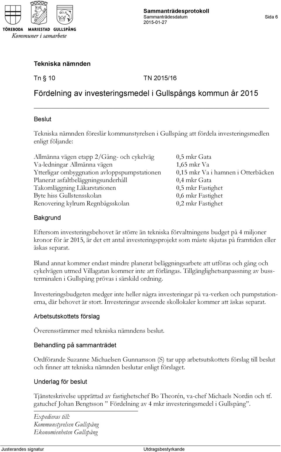 Renovering kylrum Regnbågsskolan 0,5 mkr Gata 1,65 mkr Va 0,15 mkr Va i hamnen i Otterbäcken 0,4 mkr Gata 0,5 mkr Fastighet 0,6 mkr Fastighet 0,2 mkr Fastighet Eftersom investeringsbehovet är större