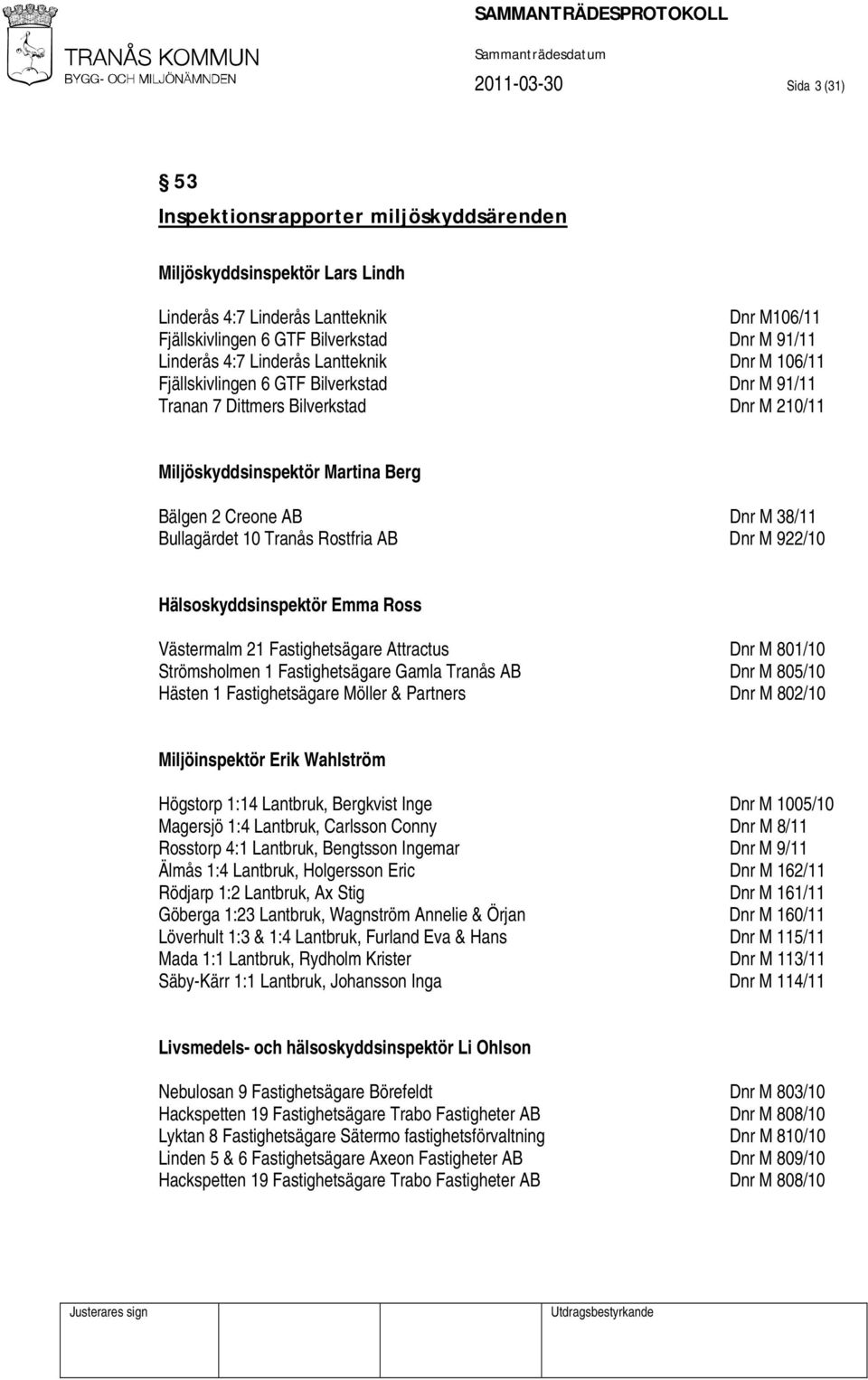 Bullagärdet 10 Tranås Rostfria AB Dnr M 922/10 Hälsoskyddsinspektör Emma Ross Västermalm 21 Fastighetsägare Attractus Dnr M 801/10 Strömsholmen 1 Fastighetsägare Gamla Tranås AB Dnr M 805/10 Hästen 1