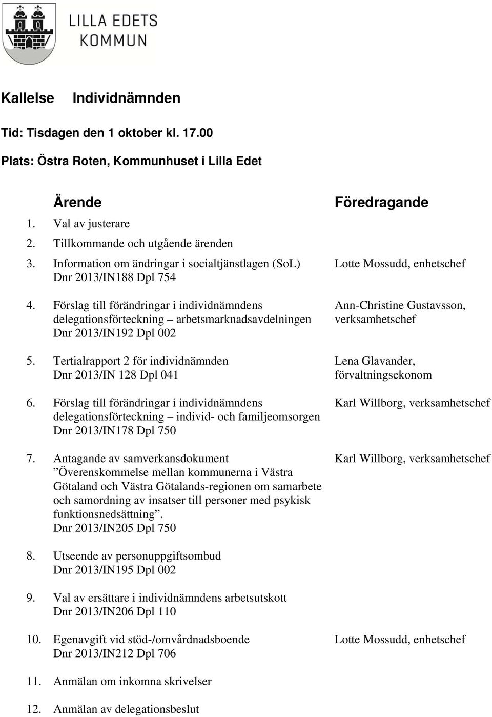 Tertialrapport 2 för individnämnden Dnr 2013/IN 128 Dpl 041 6. Förslag till förändringar i individnämndens delegationsförteckning individ- och familjeomsorgen Dnr 2013/IN178 Dpl 750 7.