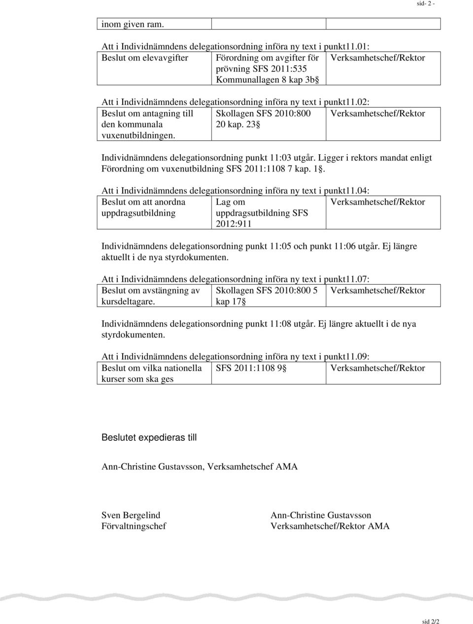 02: Beslut om antagning till den kommunala vuxenutbildningen. Skollagen SFS 2010:800 20 kap. 23 Verksamhetschef/Rektor Individnämndens delegationsordning punkt 11:03 utgår.