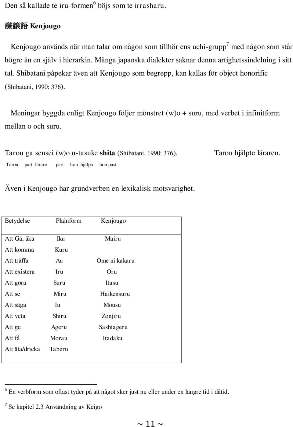 Meningar byggda enligt Kenjougo följer mönstret (w)o + suru, med verbet i infinitform mellan o och suru. Tarou ga sensei (w)o o-tasuke shita (Shibatani, 1990: 376).