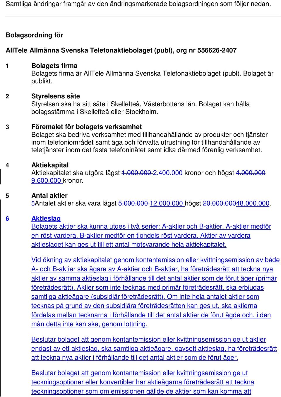 2 Styrelsens säte Styrelsen ska ha sitt säte i Skellefteå, Västerbottens län. Bolaget kan hålla bolagsstämma i Skellefteå eller Stockholm.